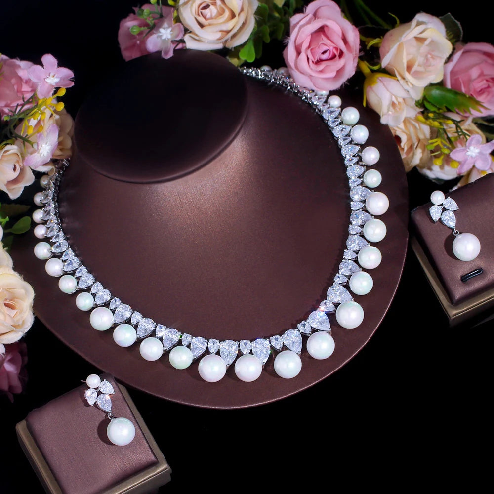 Pearl rhinestone choker necklace with matching drop earrings, silver-tone