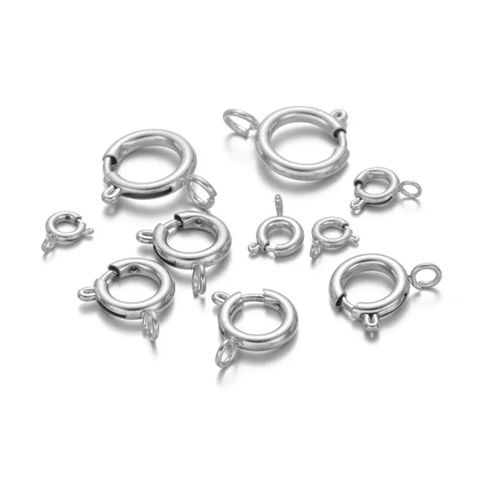 Silver spring clasp round connectors with hook ring closures (10 pcs)