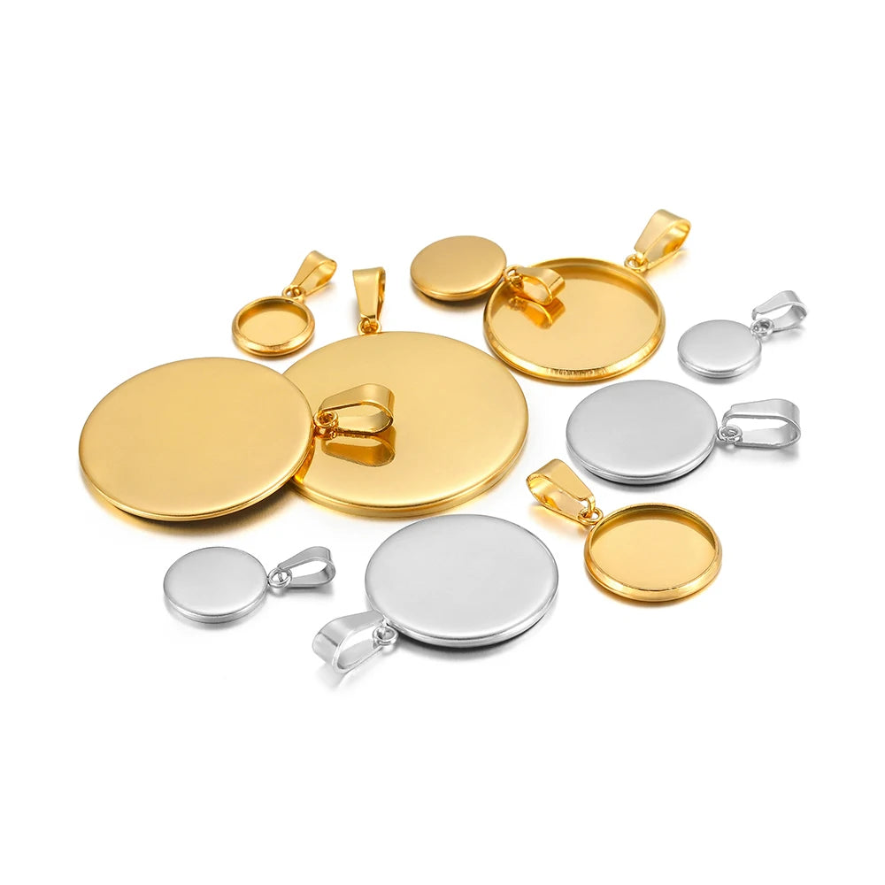 Gold and silver round cabochon bezel settings with top bails, assorted sizes, 10pcs