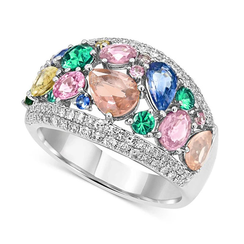 Silver-tone rainbow cubic zirconia ring with prong-set multicolor stones, studio angle.