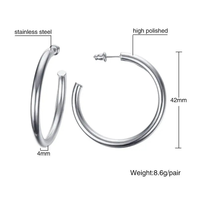 Pair of polished silver round hoop earrings, 42 mm wide and 4 mm thick