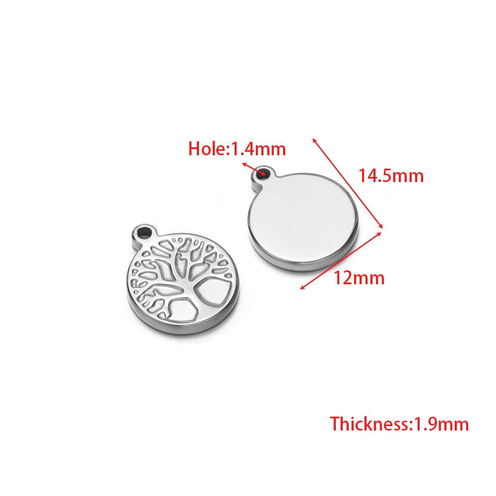 Stainless steel tree-of-life round charm pendant with loop, 14.5mm