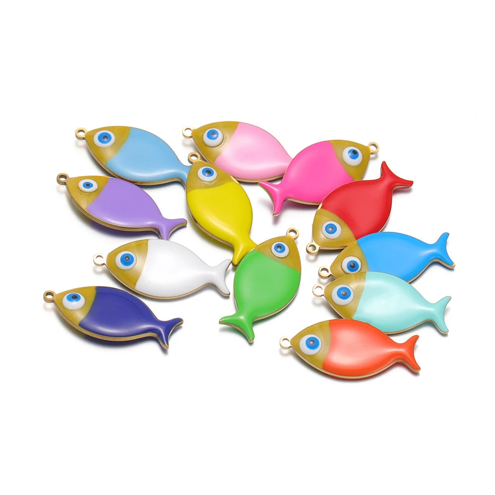 Colorful enamel fish charms set with gold-tone loops and blue eye accents