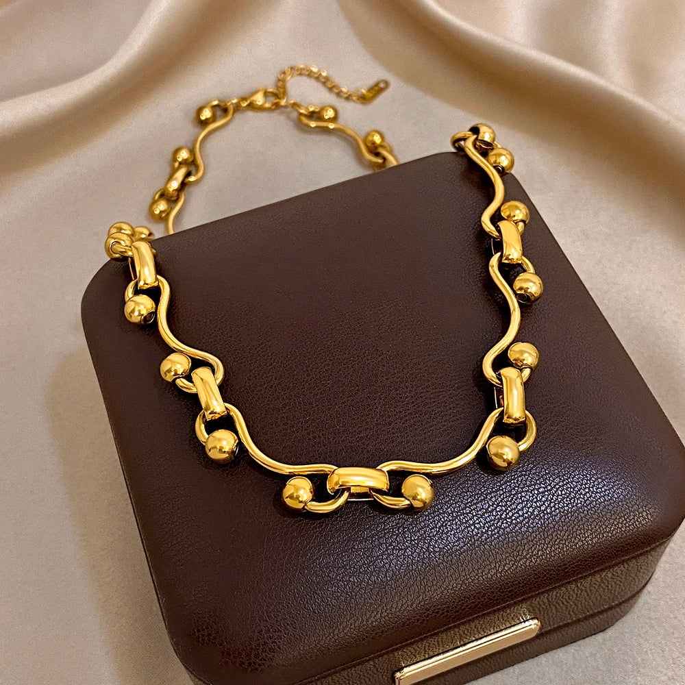 Irregular Curved Chain Beads Spliced Necklace Delicate Gold Plated Stainless Steel Choker Clavicle Necklaces Waterproof Jewelry