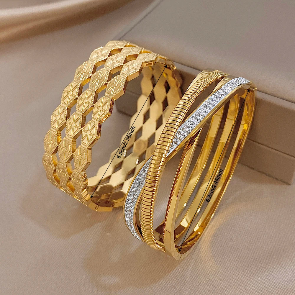 Chunky Gold Plated Stainless Steel Bangle Bracelets Exaggerated Hollow Geometric Textured Cuff Bangles Waterproof Jewelry Set