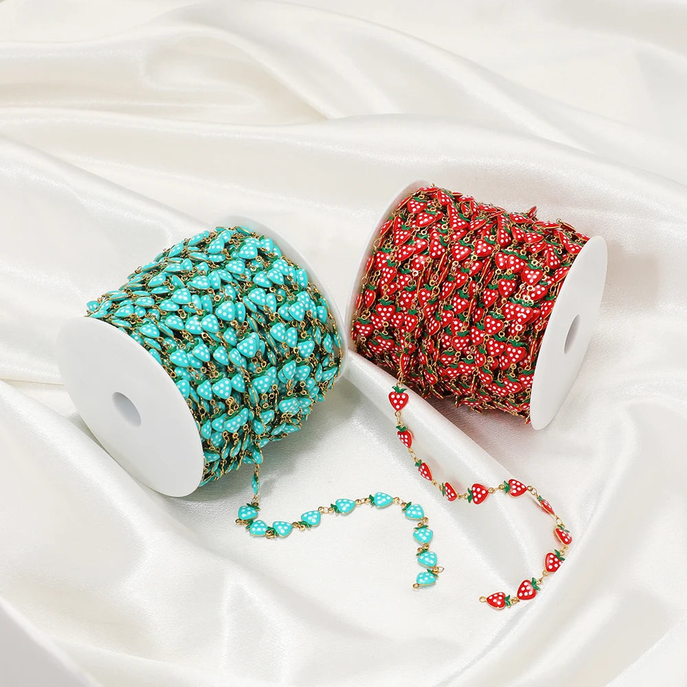 Enamel strawberry charm chain on spools, turquoise and red colors for DIY jewelry making