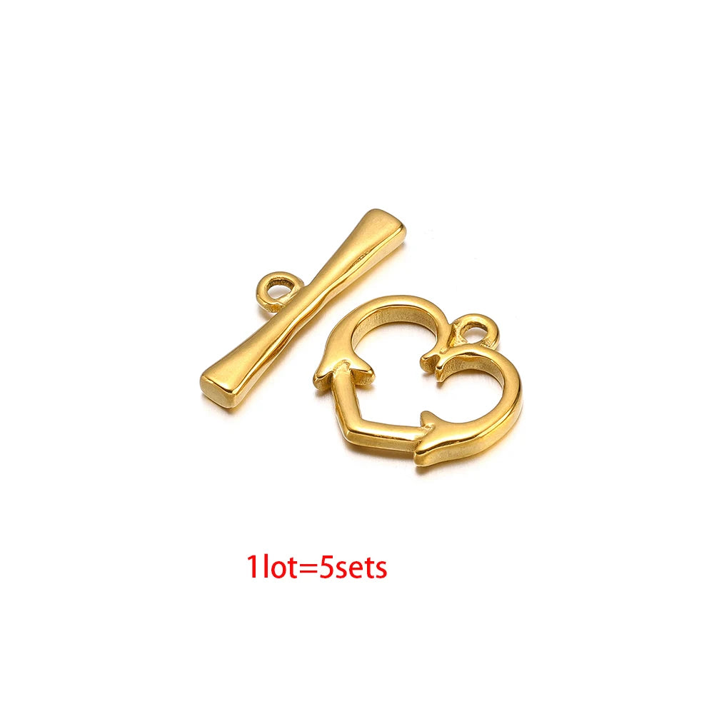 Gold heart toggle clasp set with straight bar fasteners and heart connector rings