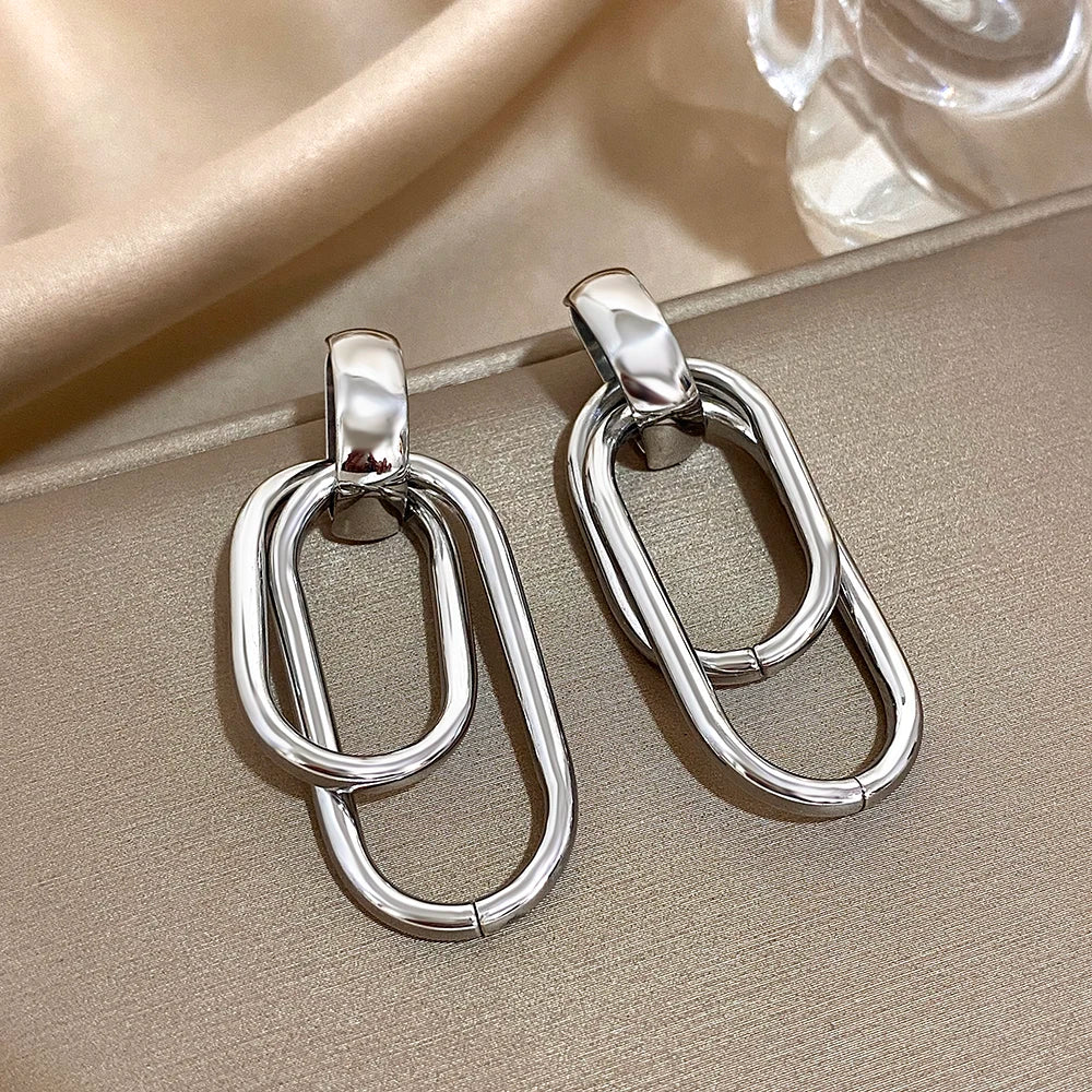 Silver-tone drop earrings with glossy double oval links