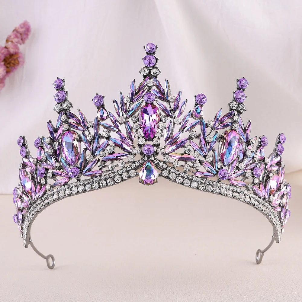 Purple crystal tiara headband with crown spikes, rhinestone band, and dangling drops