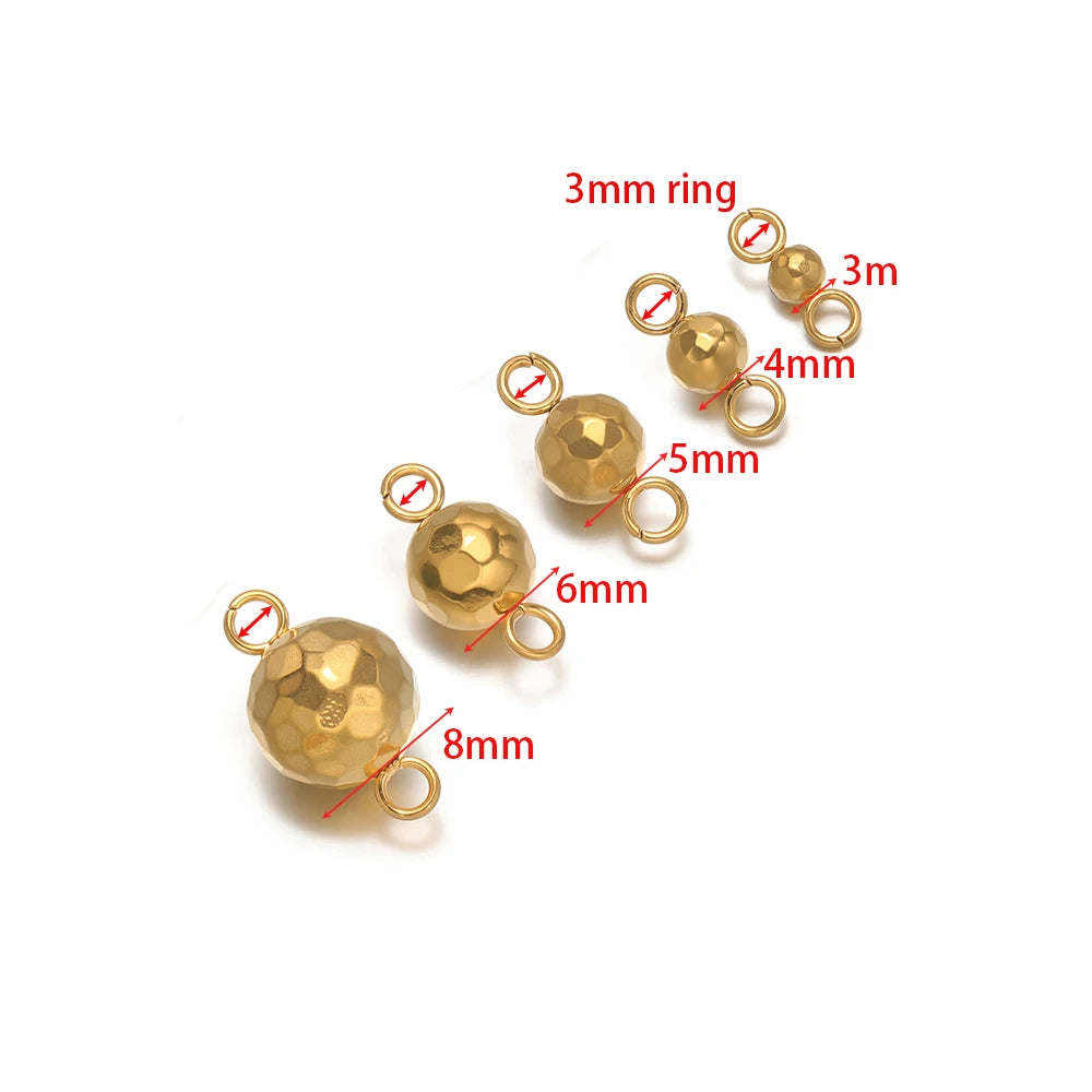 Gold stainless steel ball bead charms with double loops, faceted round beads set