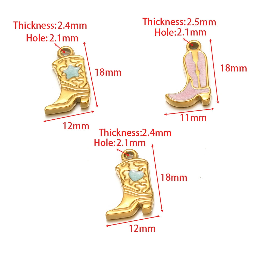 Three gold-tone long boot charms with blue and pink inlays, hanging loops