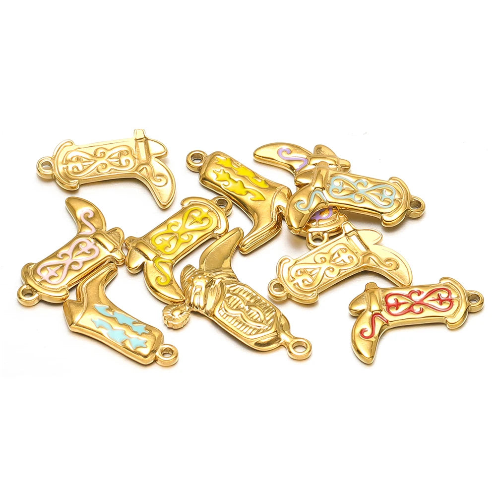 Gold-tone boot charm with pink/blue enamel, loop bail for DIY jewelry