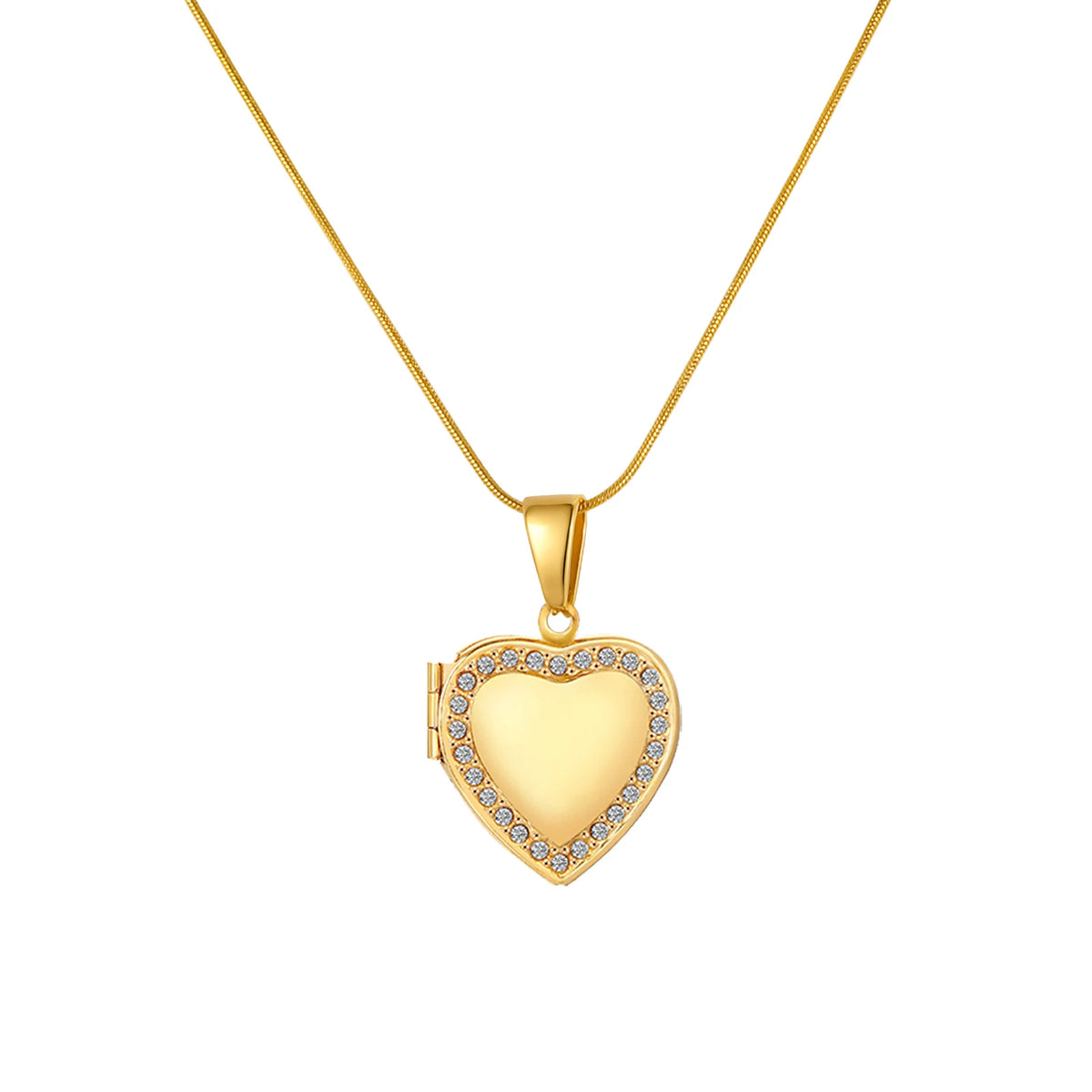 Gold heart pendant necklace with crystal-studded border and gold chain