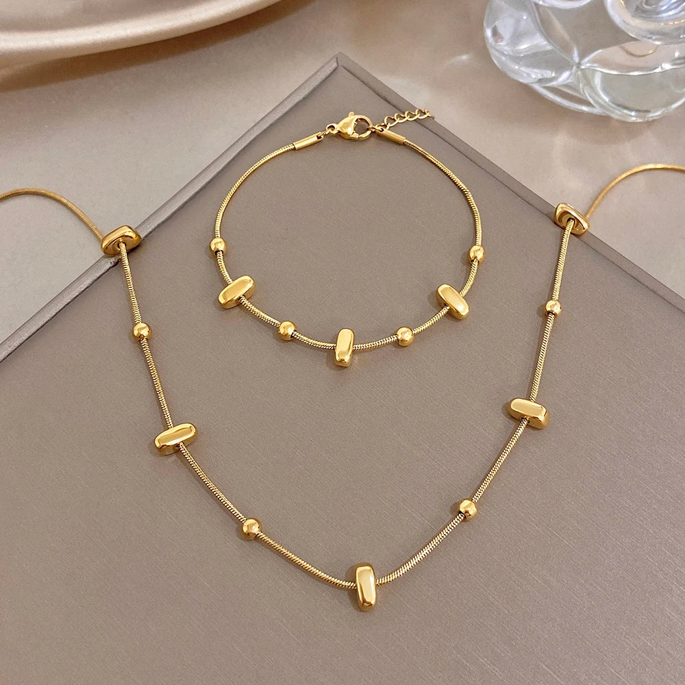 Trendy Gold Plated Stainless Steel Thick Chain Necklace Bracelet Geometric Beads Link Chain Waterproof Necklaces Bracelets