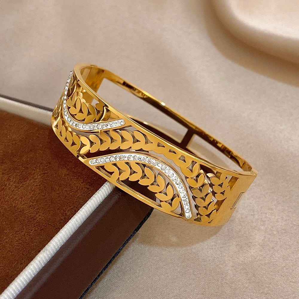 Exquisite Zirconia Wheat Wrist Bracelet for Women Trendy Gold Plated Stainless Steel Cuff Bangle Bracelets Waterproof Jewelry
