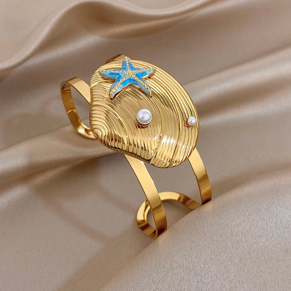 Fashion Gold Plated Stainless Steel Bracelet for Women High Quality Starfish Seashells Cuff Bangle Bracelets Waterproof Jewelry