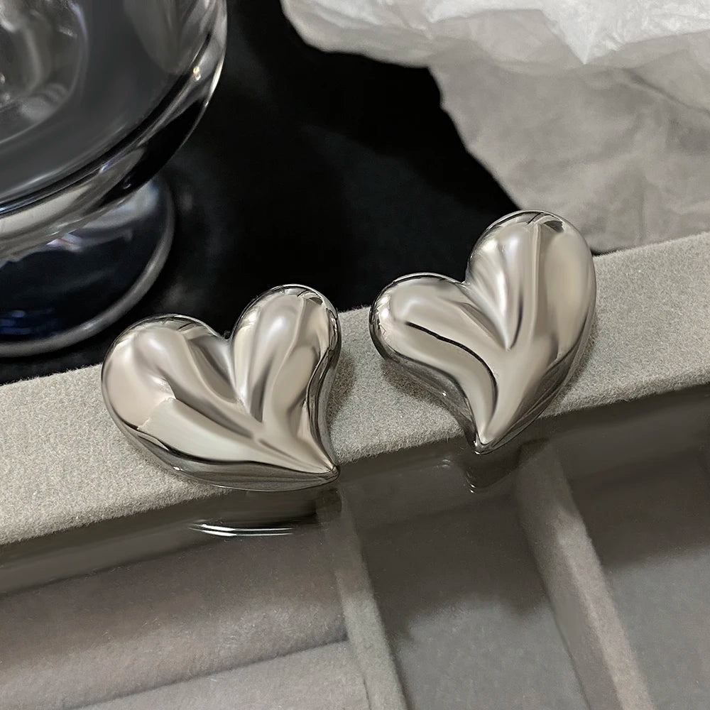 Silver-tone chunky puffed heart stud earrings