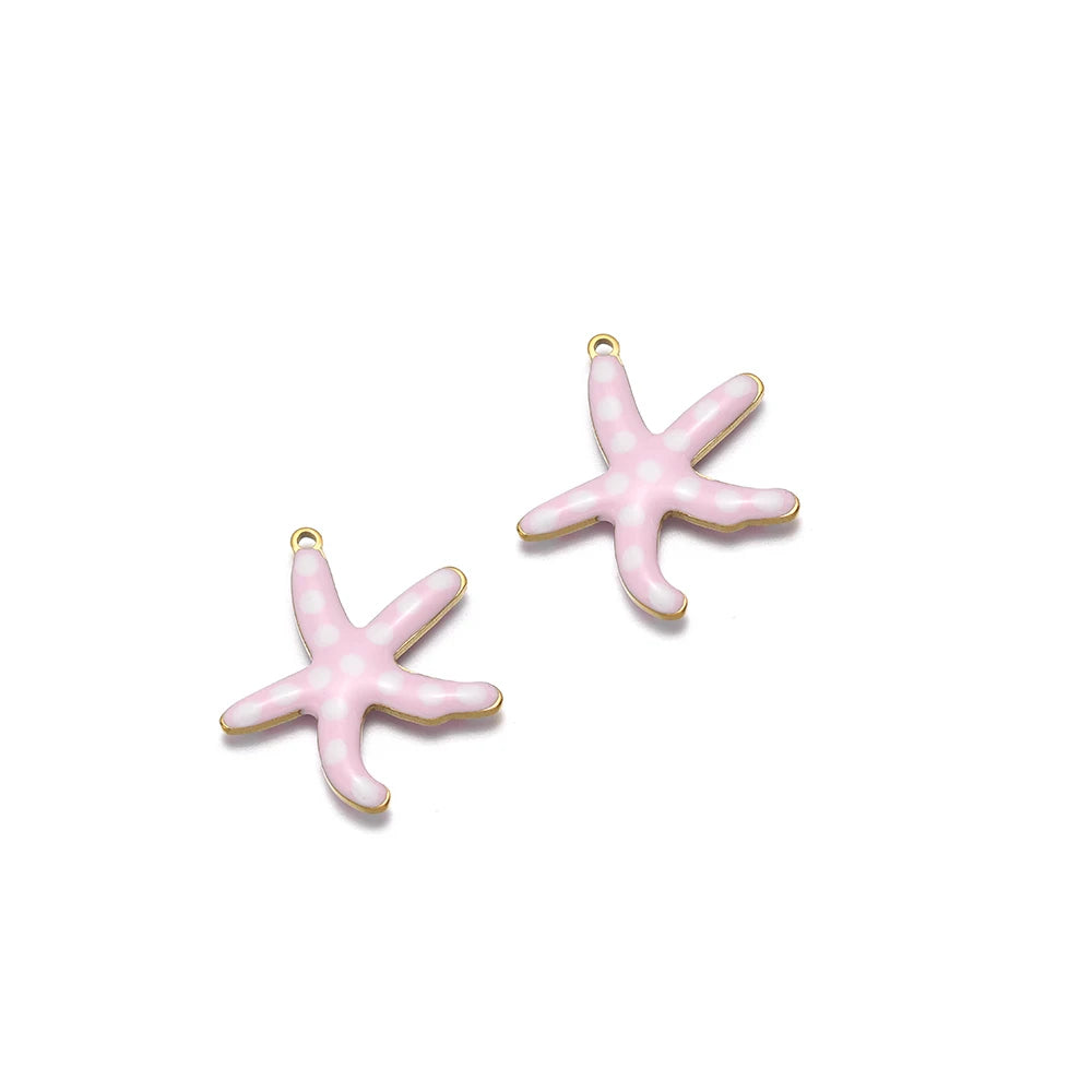 Light pink enamel starfish charm with pale dots and gold loop, set of 2