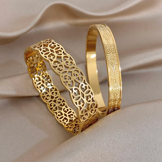 Retro Gothic Stainless Steel Wide Bracelets for Women Men Geometric Textured Carved Gold Plated Cuff Bangle Waterproof Jewelry
