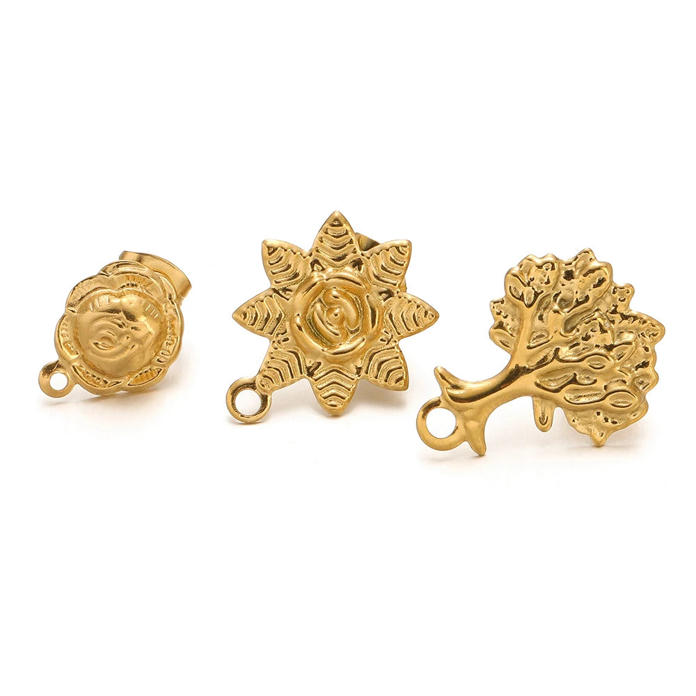 Gold sunflower stud earring charms with loop back hooks, textured Tree of Life style
