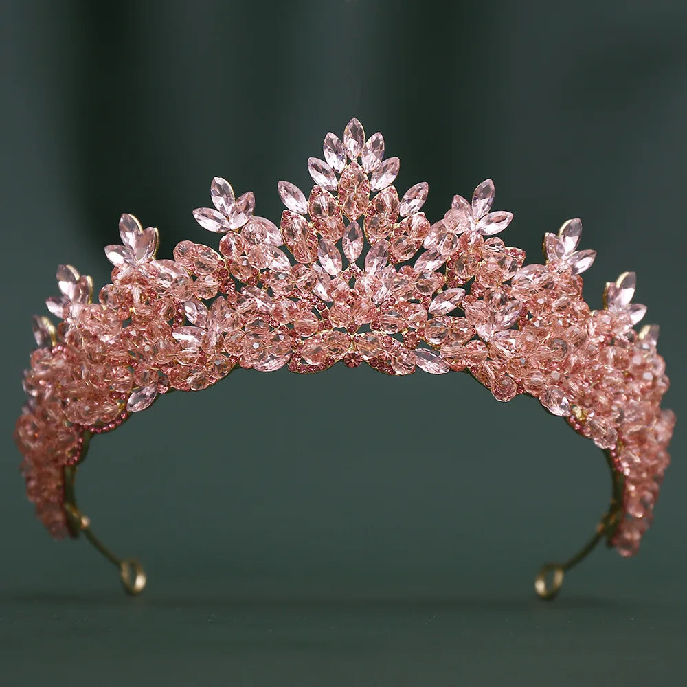 Blush pink crystal bridal tiara crown with leaf-shaped stones
