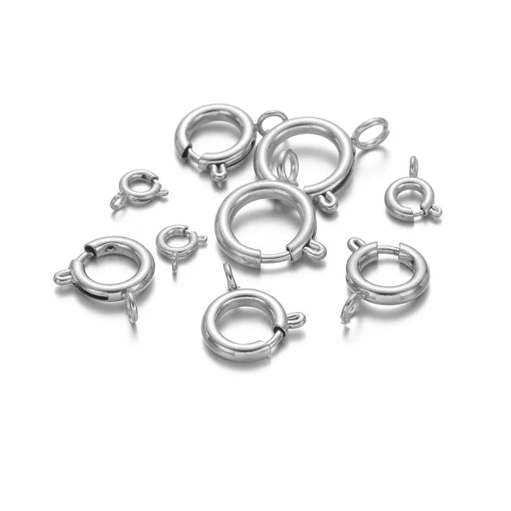 Silver spring clasp round connectors with hook ring closures (10 pcs)