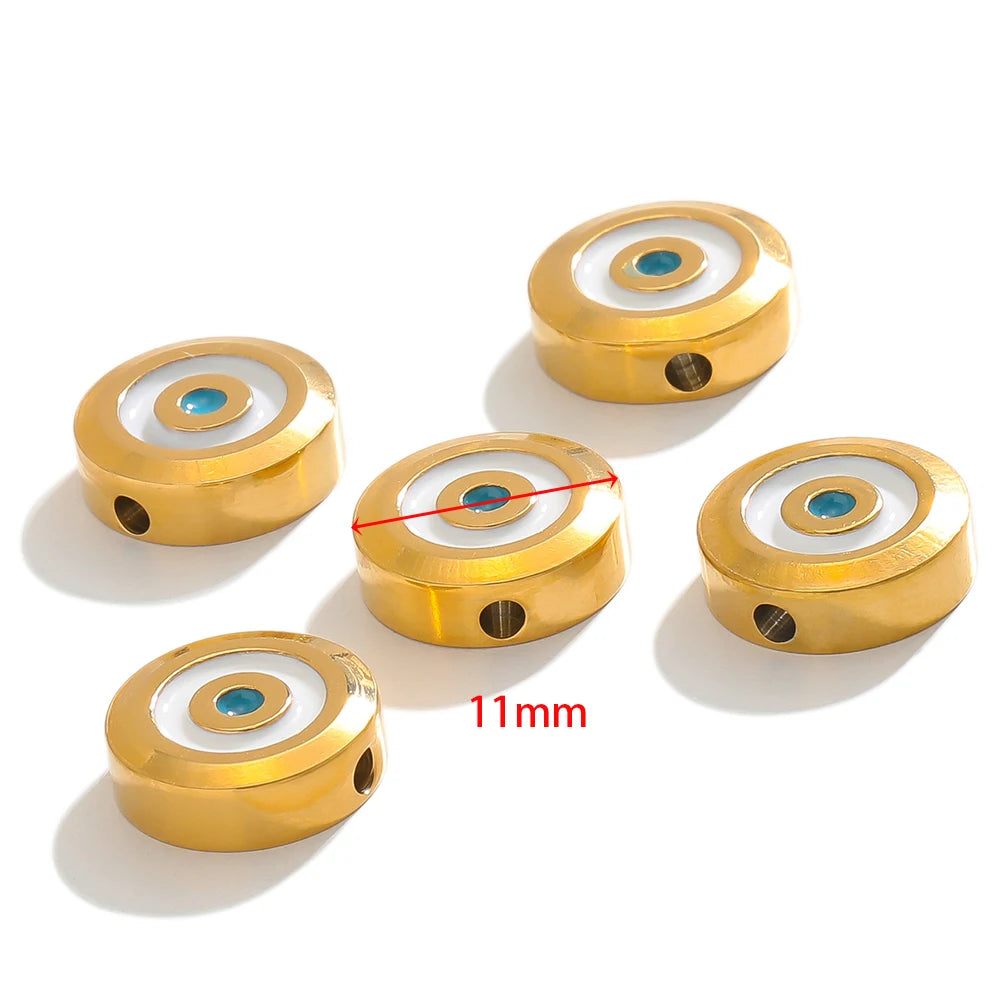 Gold-tone evil-eye enamel beads, round with blue center; 11mm size shown