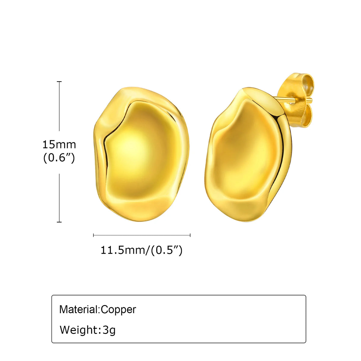 Pair of geometric gold-tone stud earrings with rounded oval fronts and posts