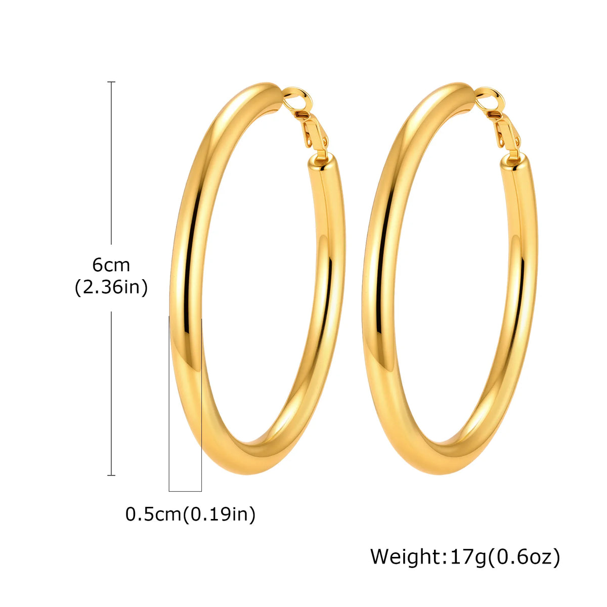 Gold chunky hoop earrings, 6 cm diameter and 0.5 cm wide