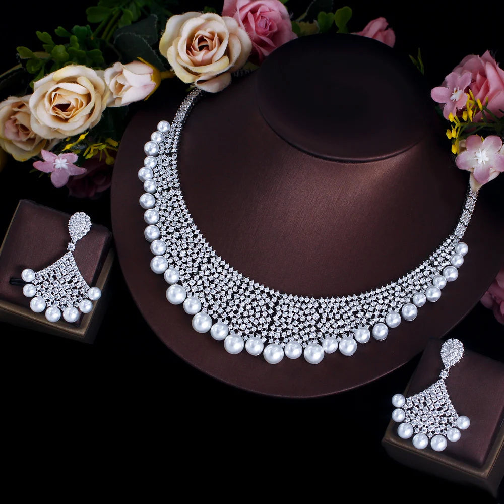 Luxury Handmade Cubic Zirconia Pave Chunky Jewelry Sets for Women Wedding Bridal Pearl Necklace