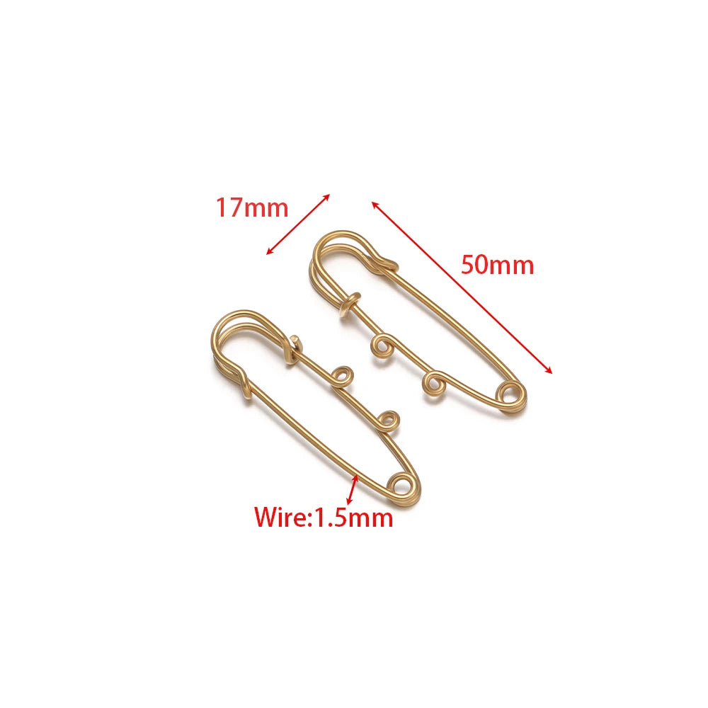 Gold multi-hole safety pin brooch dimensions: 50mm length, 17mm, 1.5mm wire