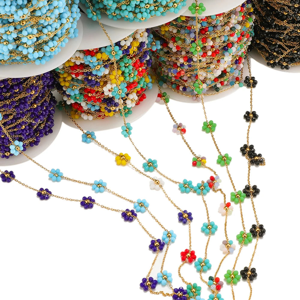 Colorful daisy flower beaded satellite chain strands on gold-tone links for DIY jewelry