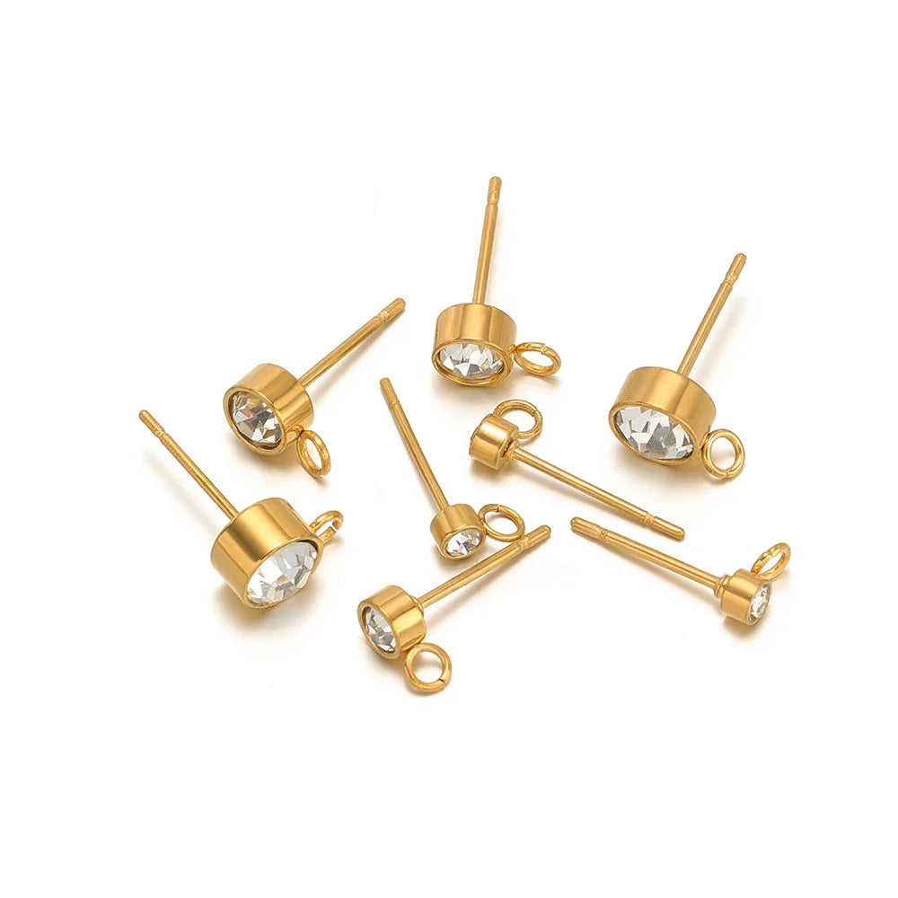 Gold zircon stud earring post findings, round crystal, loop backs (pairs shown)