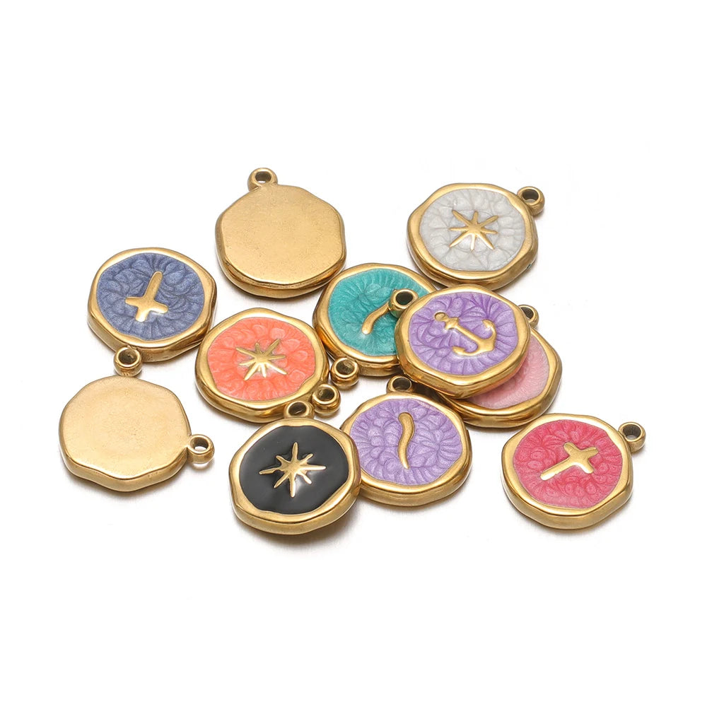 Stainless steel enamel charm pendants with anchor, cross, star icons and gold hooks