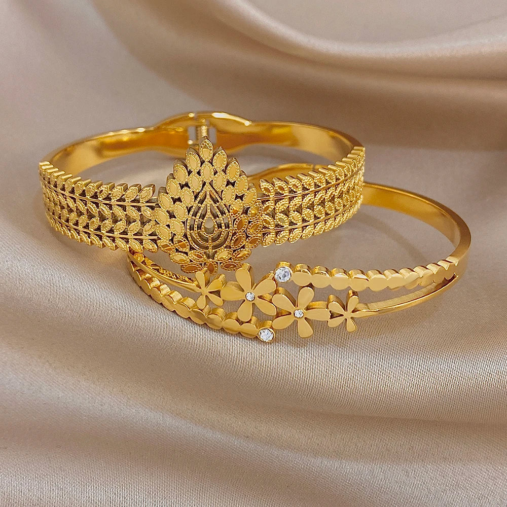 Chic Stainless Steel Gold Plated Cuff Bangle for Women Exaggerated Leaves Flower Chunky Bracelets Waterproof Jewelry Set