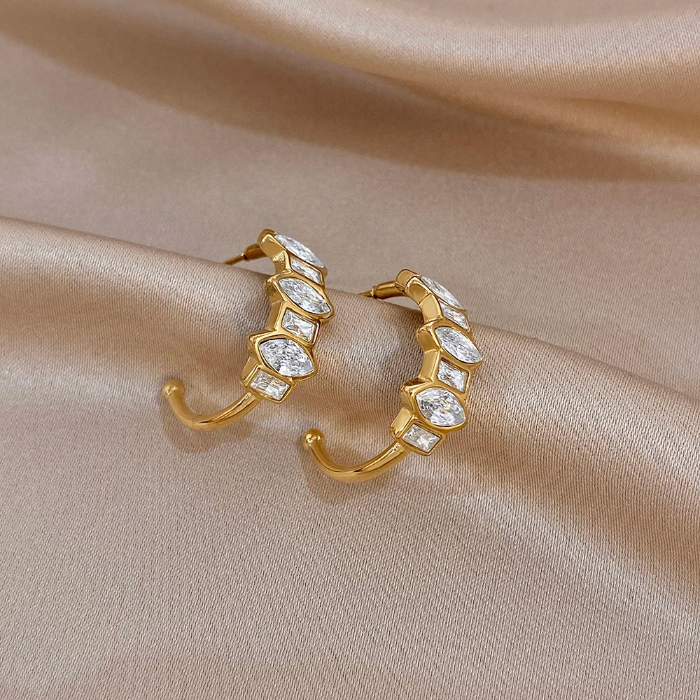 Gold-tone geometric zirconia hoop earrings with stacked square stone design