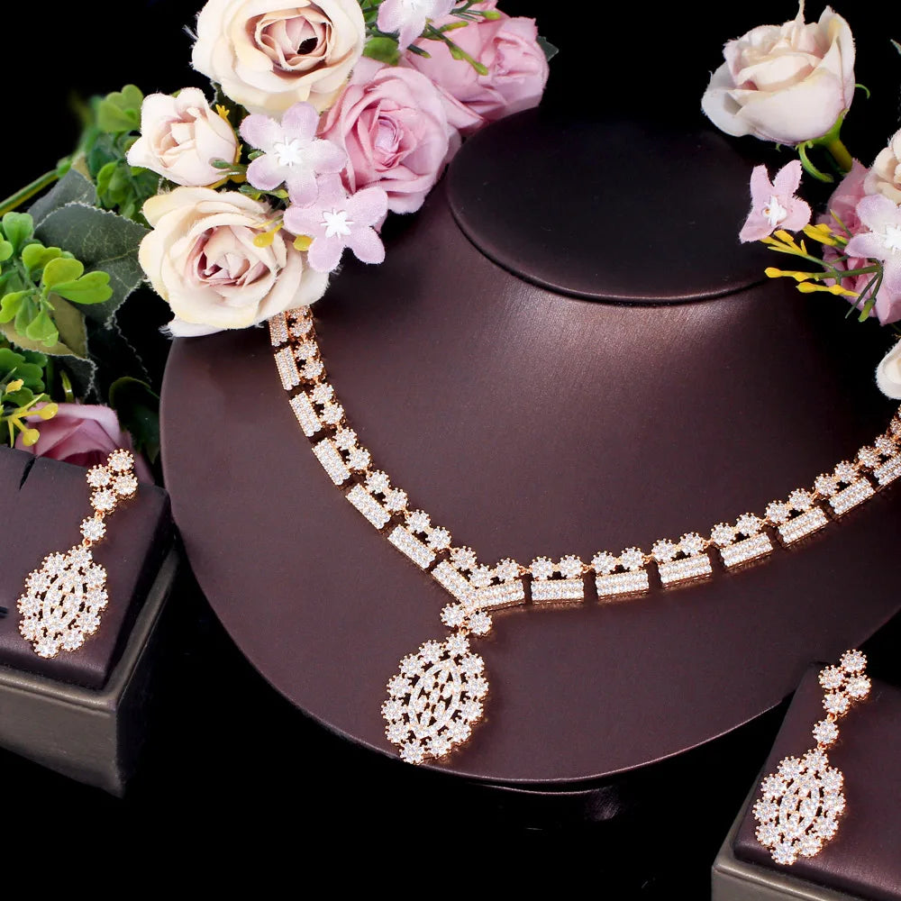 Gold-tone zirconia necklace with teardrop drop earrings set