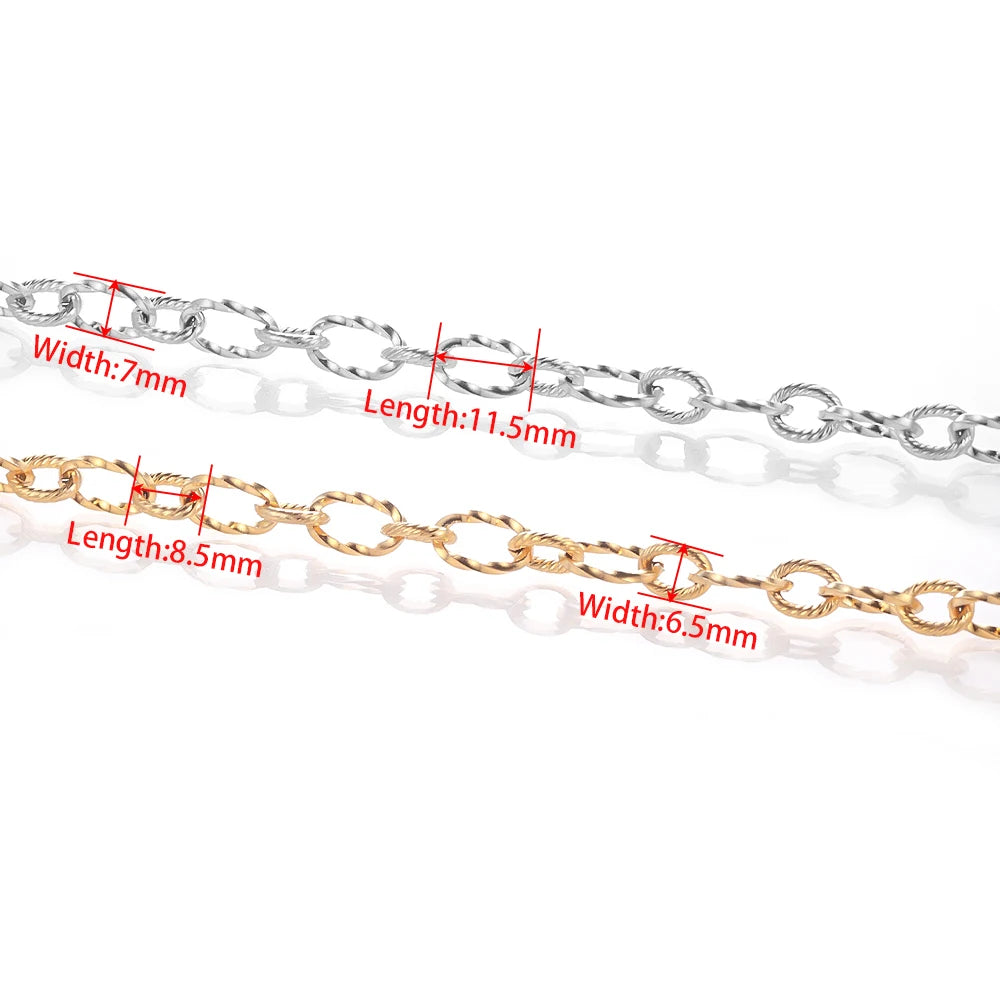Gold and steel rolo cable chains with labeled widths and lengths; oval link design
