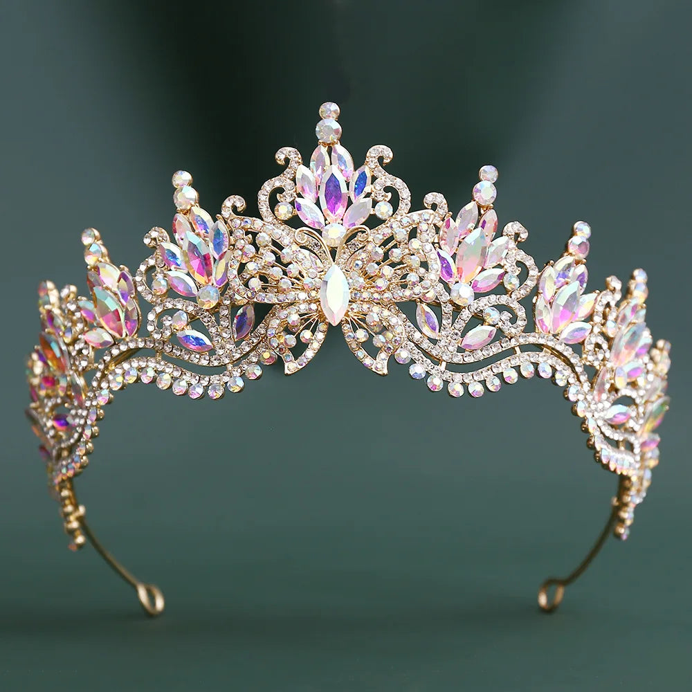 Iridescent pink-lilac rhinestone tiara headband with butterfly-style center
