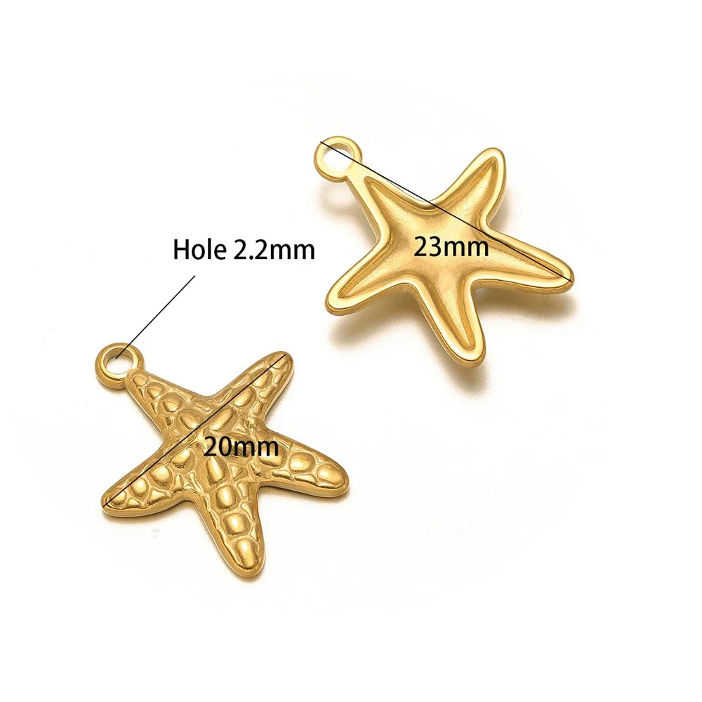 Gold starfish charm pendants, 23mm and 20mm, with 2.2mm holes
