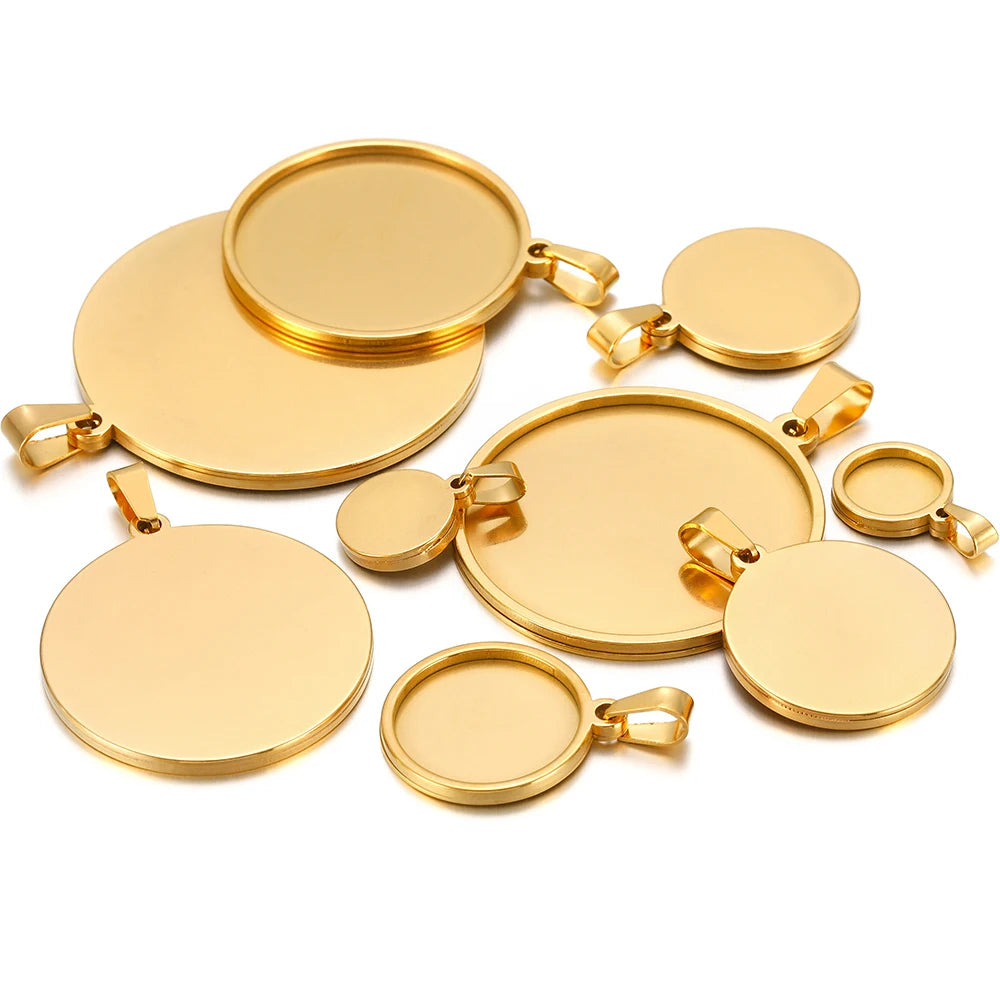 Gold-tone round cabochon blank bezel bases with clamp bails, assorted sizes
