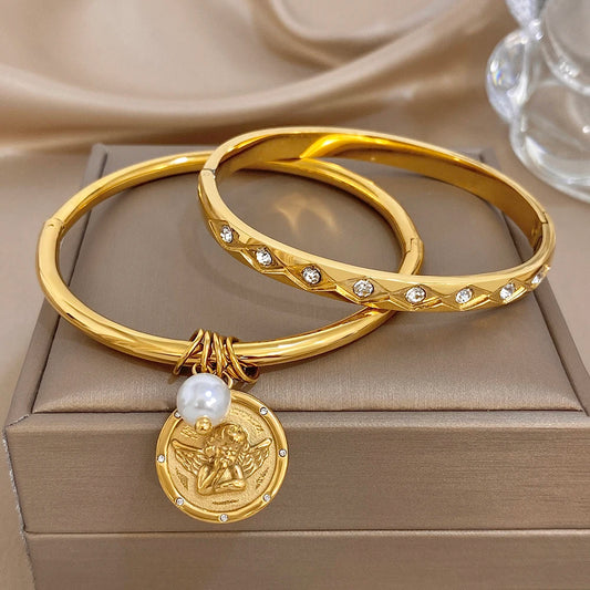Vintage Geometric Textured Cuff Bangle for Women Glossy Gold Plated Copper Zircon Coin Pendant Bracelets Waterproof Jewelry