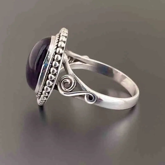 Vintage  Silver Color Big Oval Purple Imitation Moonstone Rings  m03