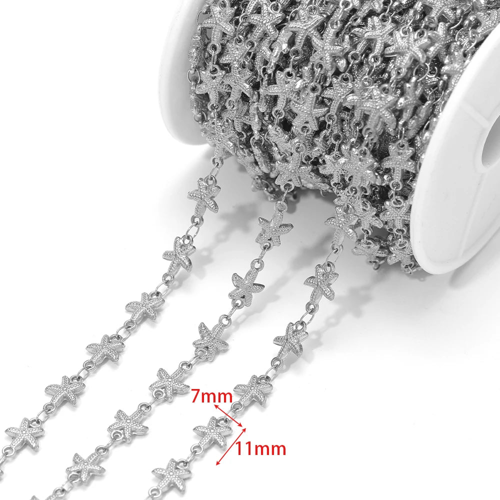 Silver-tone starfish charm chain with oval links, approx 7mm and 11mm spacing