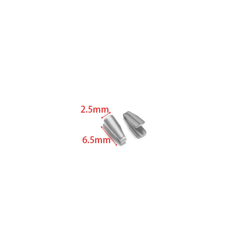 Silver fold-flat crimp end caps, size marked 2.5mm and 6.5mm