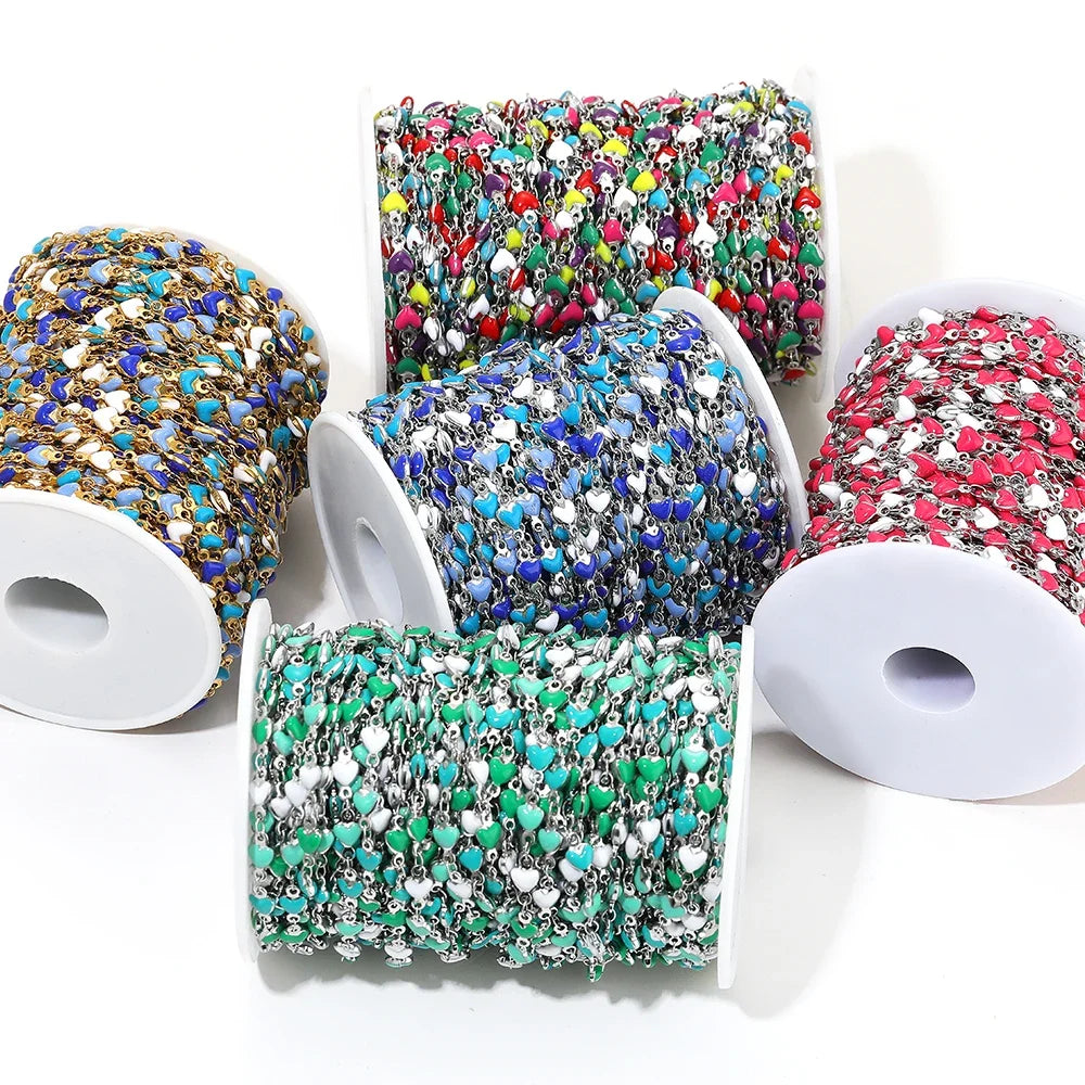 Multi-color enamel heart link chains on spools, stainless steel, small links