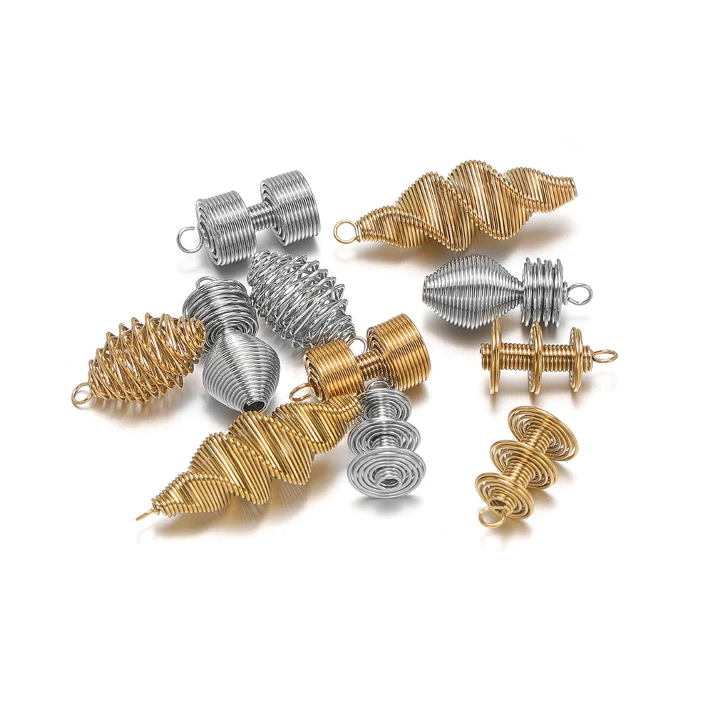 Spring-effect metal charm pendants, mixed gold and silver designs with small loop tops