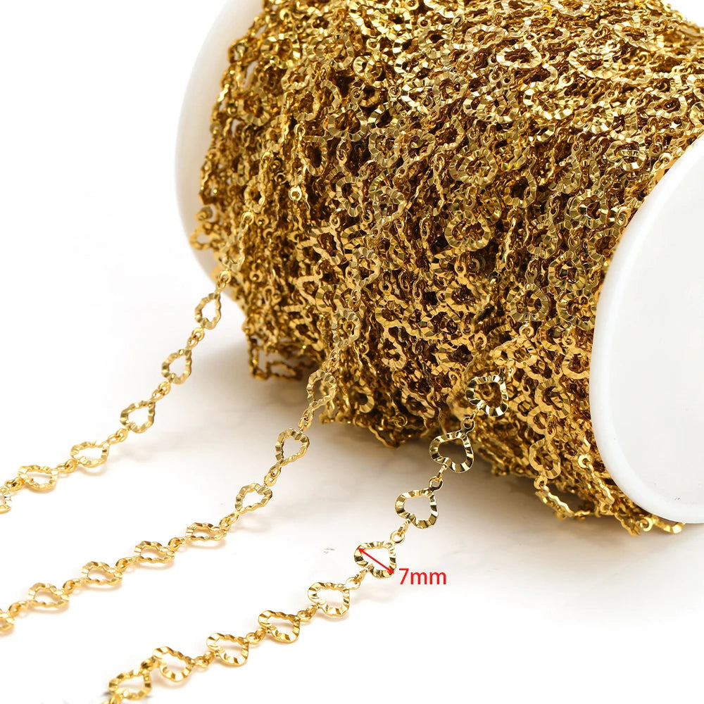Gold hollow chain with loop links, 7mm width shown, on a white spool
