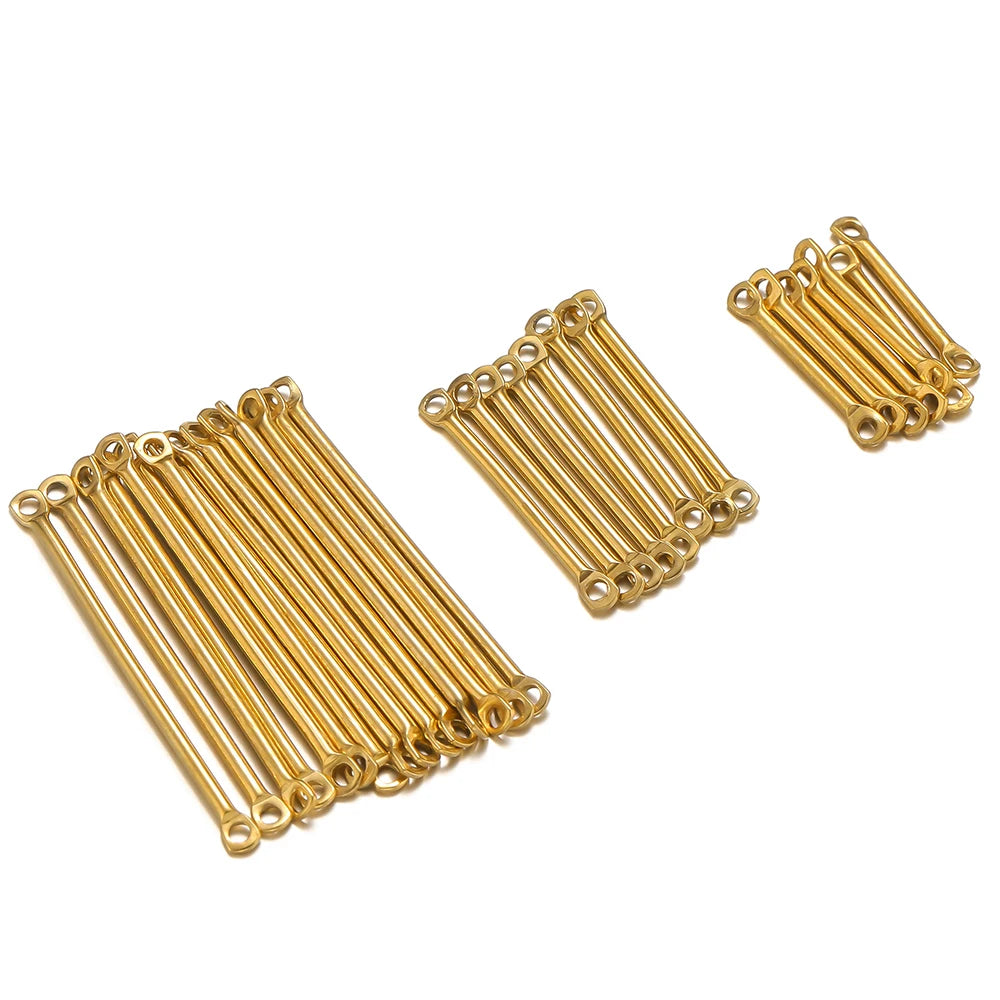 Gold bar link connectors in grouped squares, long sticks with end loop holes