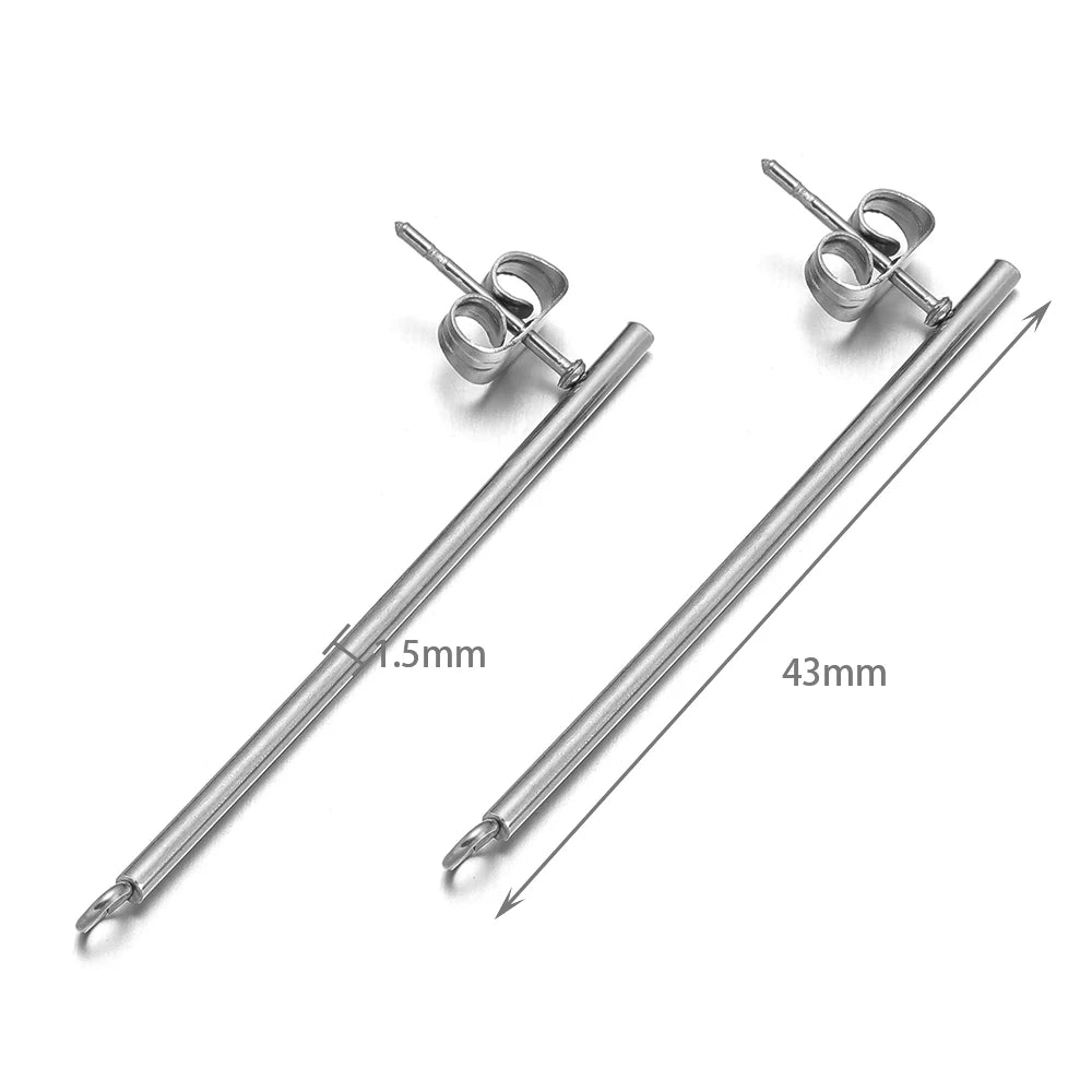 Silver long stick earring connector studs, 43mm bar with back posts